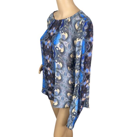 AP.NY Blue Gray Abstract Mirrored Print Artsy Cupro Blouse Top SZ M - Picture 6 of 10